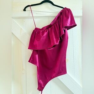 Express One-Shoulder Ruffle Bodysuit - Fuchsia